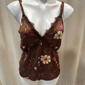 Y2K Floral Cami Top Brown‎ Lace Trim Sleeveless Size Small